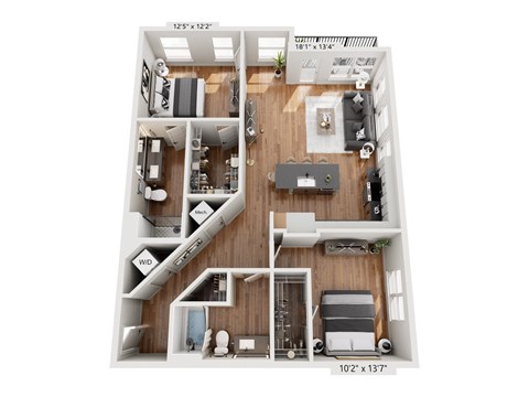 Floor plan for 2 beds, 2 baths, 1258 sqft